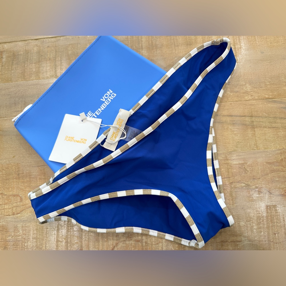 Diane Von Furstenberg Classic Bikini Blue Gold metallic swim bottom travel bag